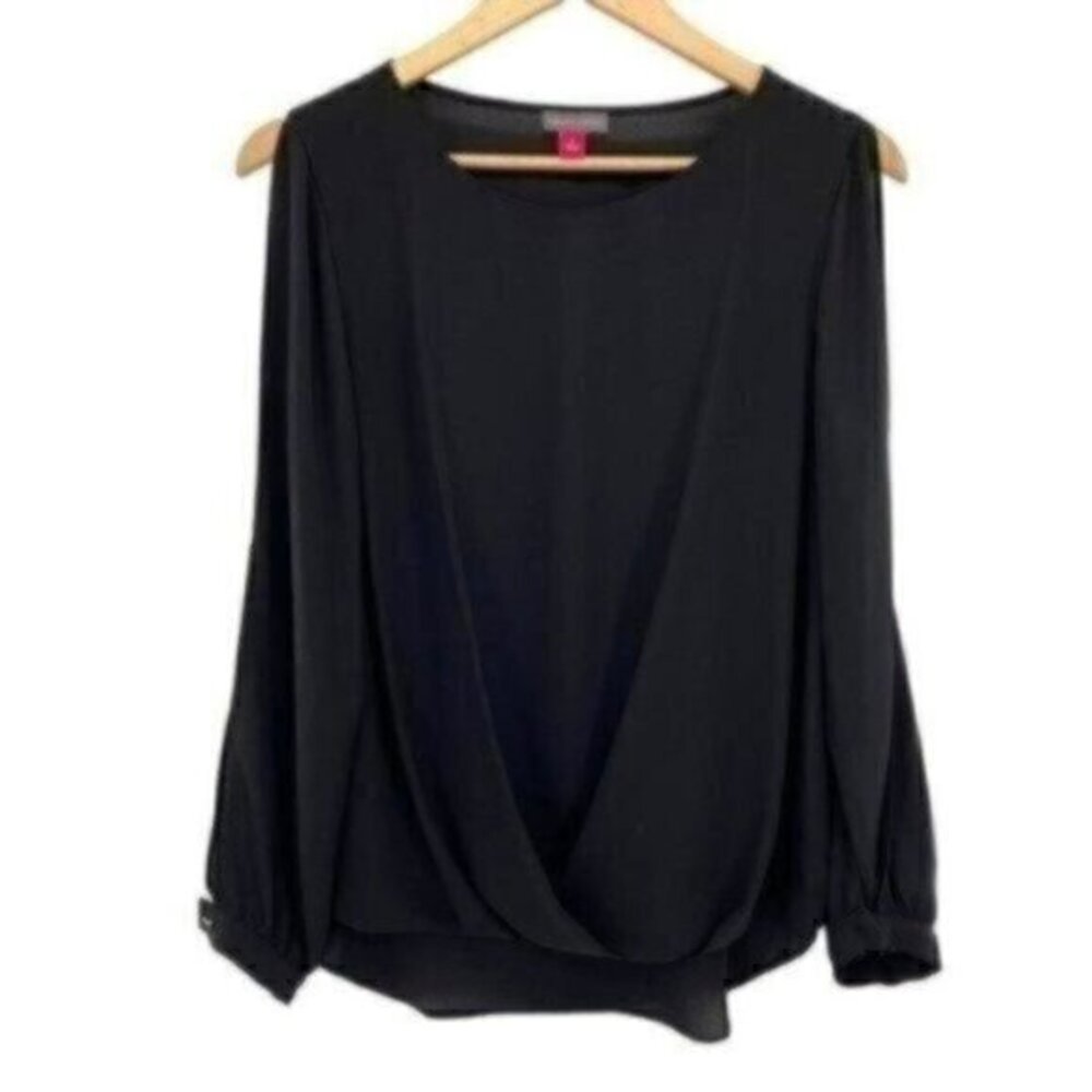Vince Camuto Black Peekaboo Sleeve Draped Wrap Blouse